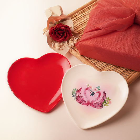 The Plate Story - 2 Pcs Swan Heart with Flower Set - Red