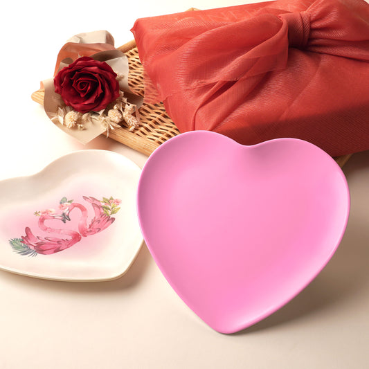 The Plate Story - 2 Pcs Personalised Swan Heart with Flower Set - Pink